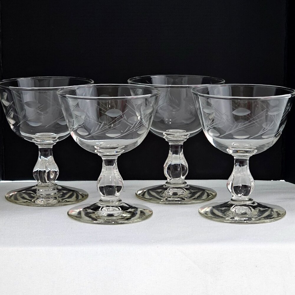Libbey Vienna Champagne Coupes 4" set/4 etched leaves sherbet glasses vtg 1990s